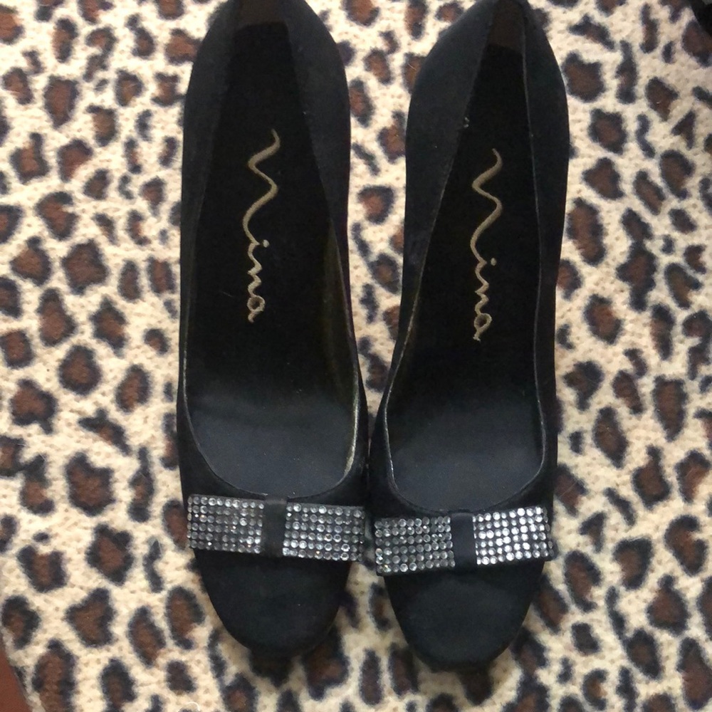 Mina black satin embellished heels